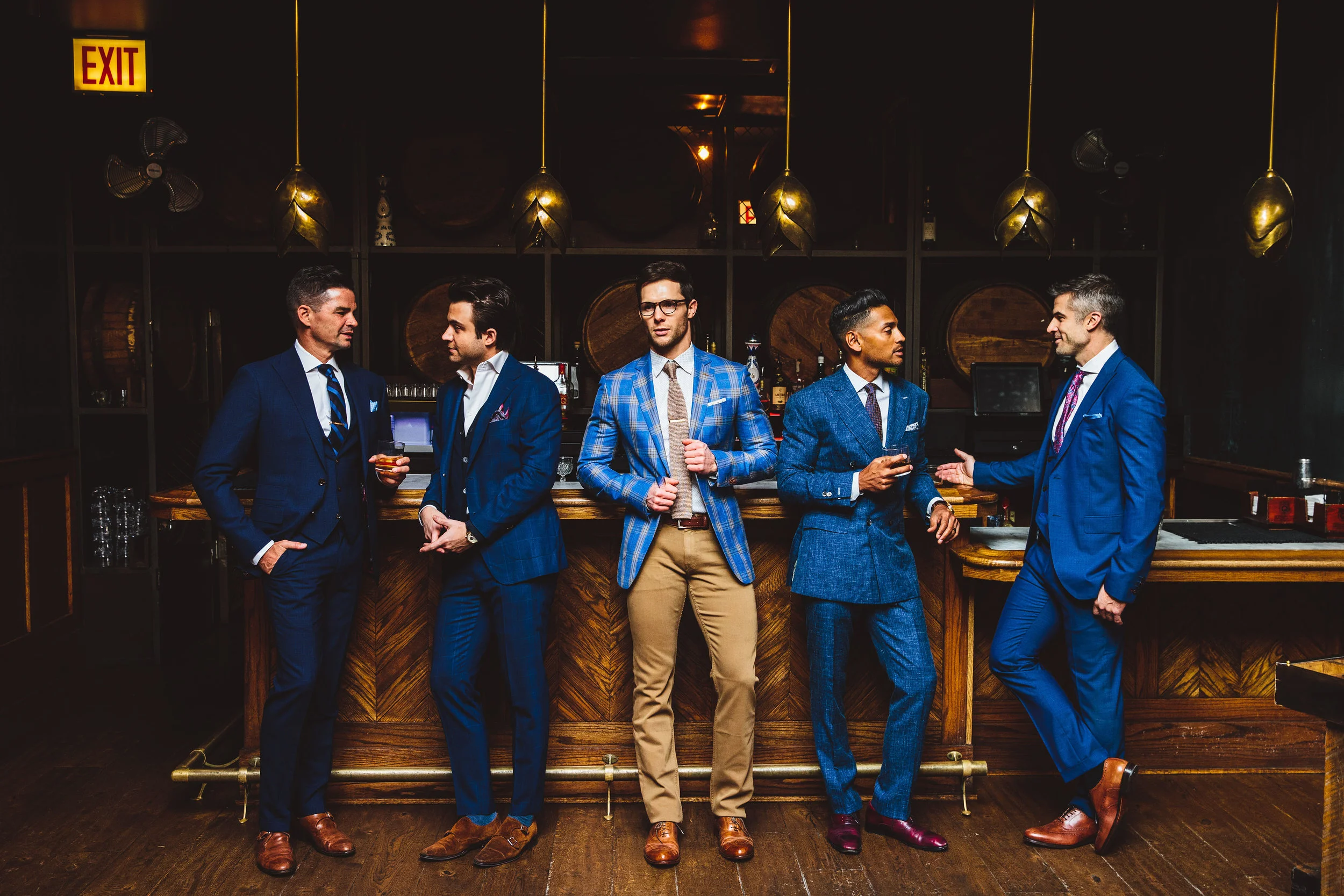 men's tailored suits, navy three-piece suit, double-breasted suit, custom menswear Bangkok, Suit Collections Bangkok, groomsmen suits, bespoke tailoring.